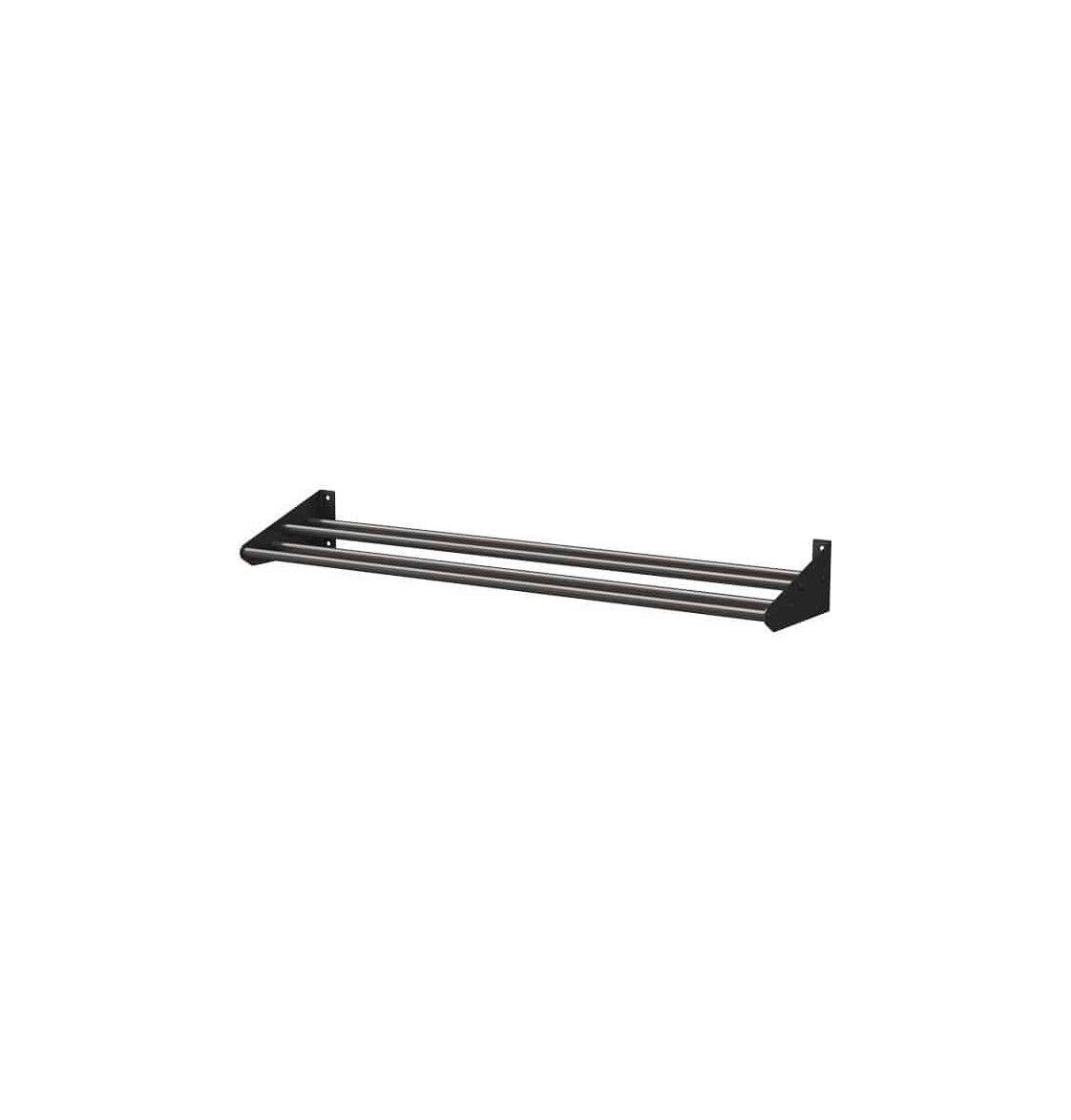 Wine bottle display rack with black base, two side brackets, and three metal rails