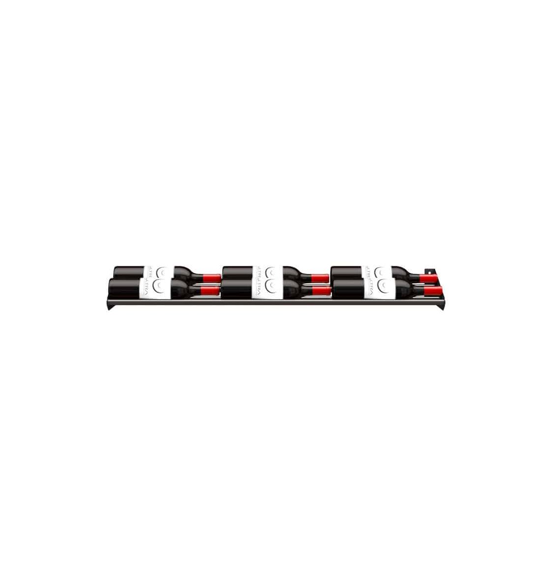 Wine bottle cascading rack with black base and stacked bottle positions, white label bands