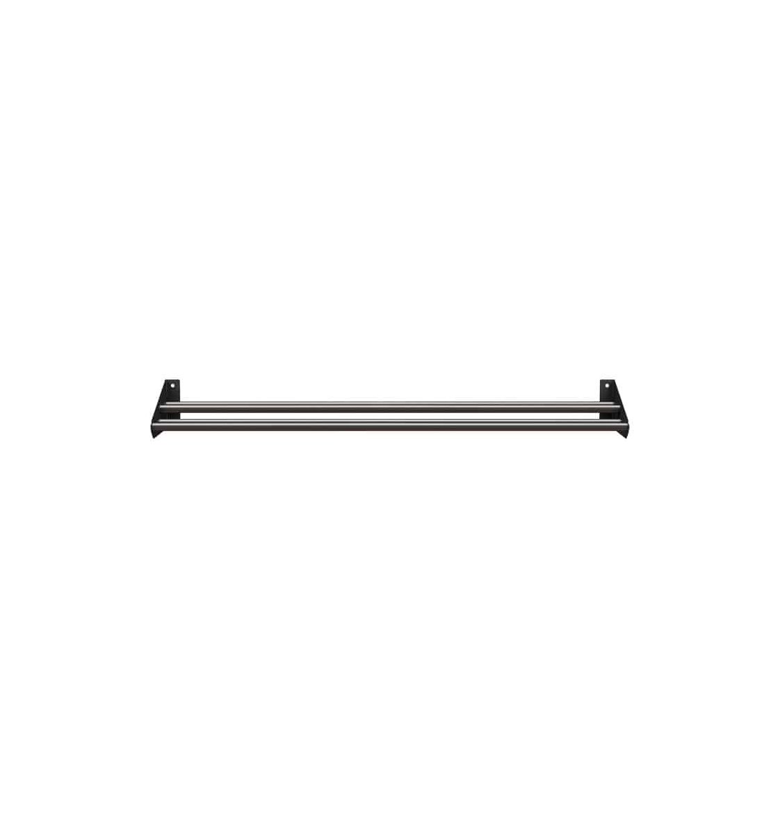 Wine bottle display rack with black frame, two end brackets, and a long metal bar
