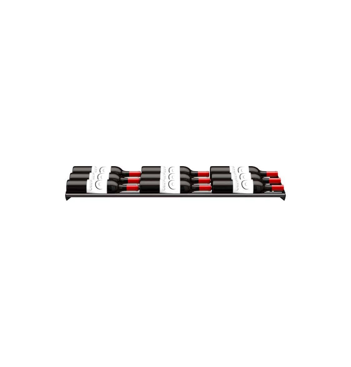 Wine bottle cascading rack with black base and multiple bottle slots in rows