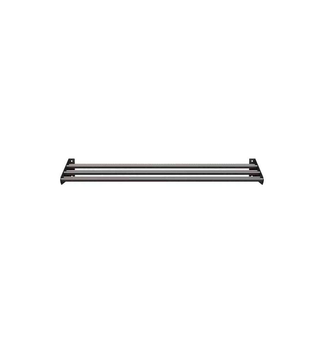 Cascading bottle display rack with dark frame and chrome rails