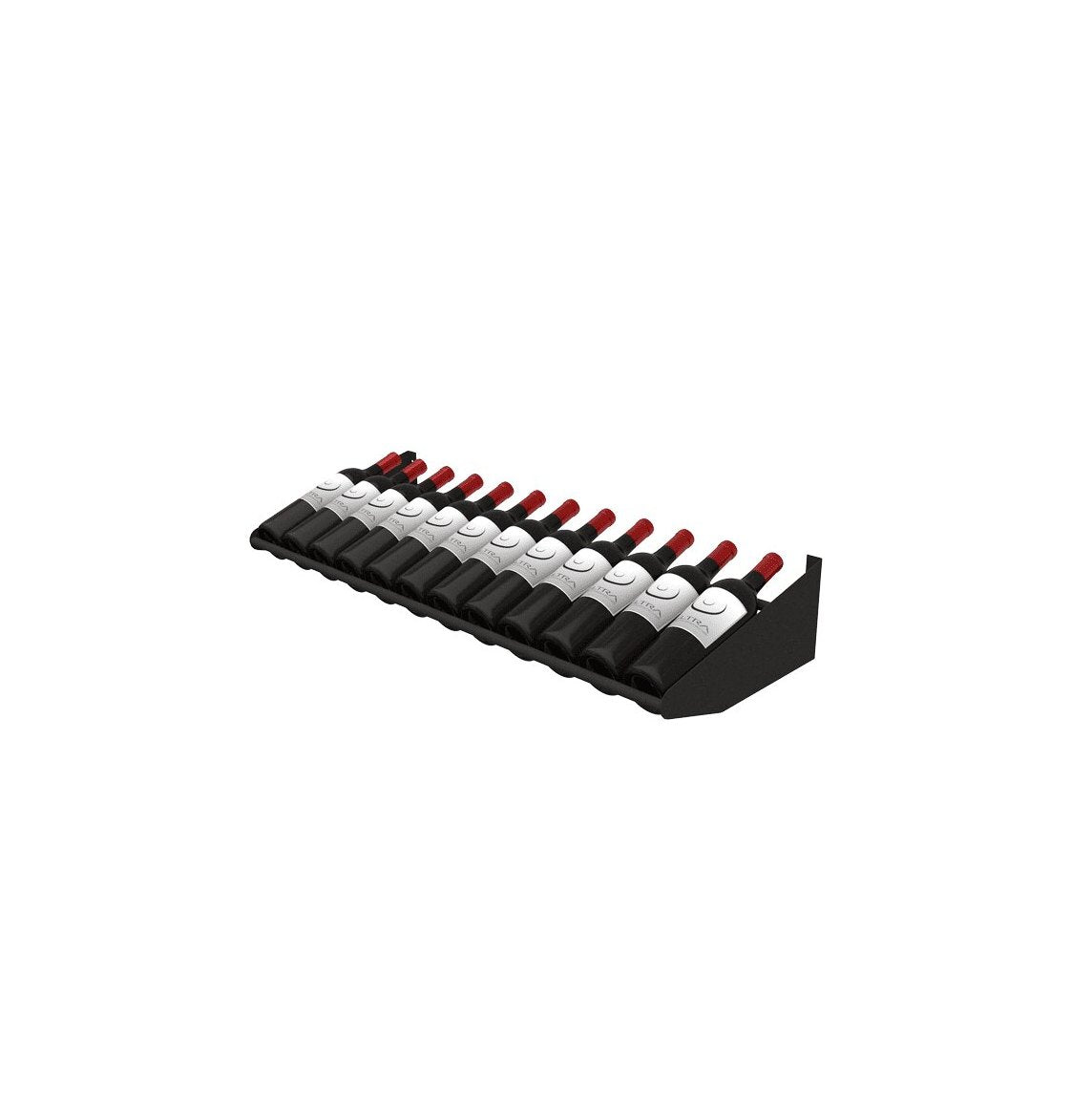 Label-out bottle display row with black holders and rows of white-and-red caps