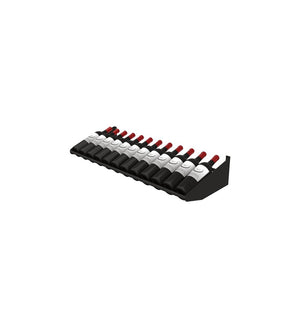 Label-out bottle display row with black holders and rows of white-and-red caps