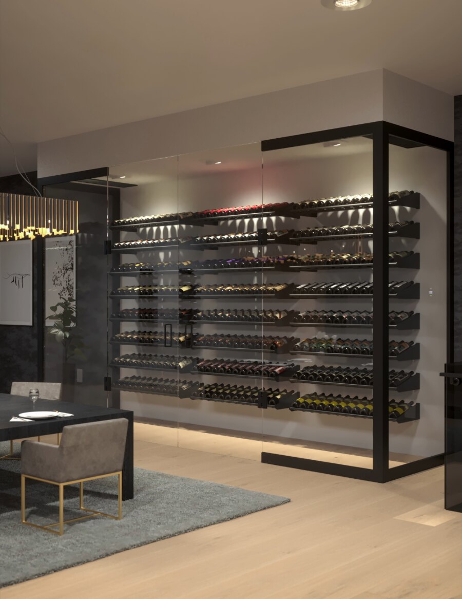 Wall-mounted label-out bottle display with multiple black shelves holding rows of bottles