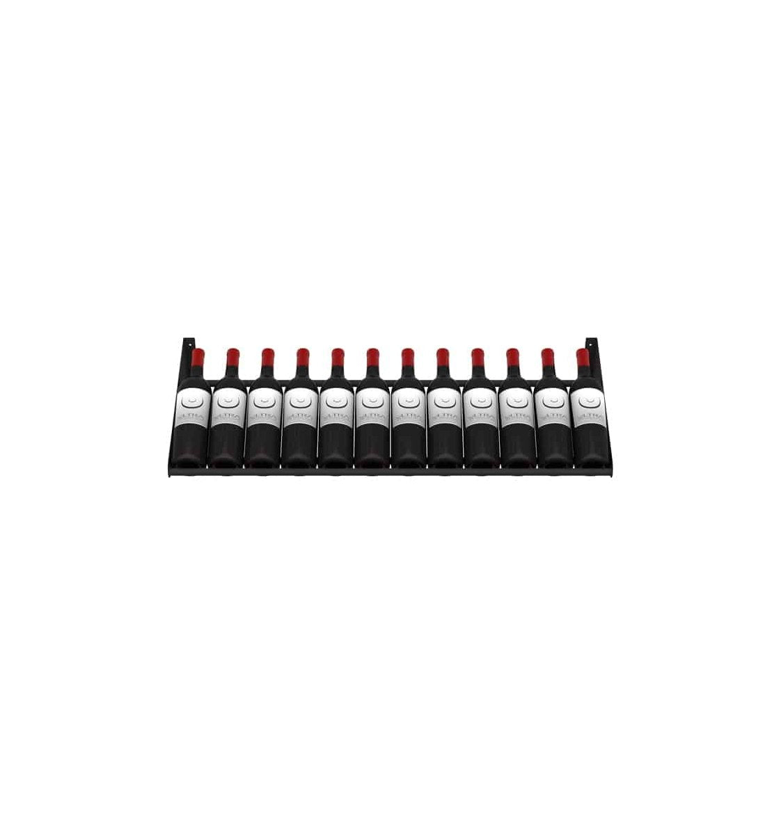 Label-out bottle display row showing multiple bottles with white caps on black holders