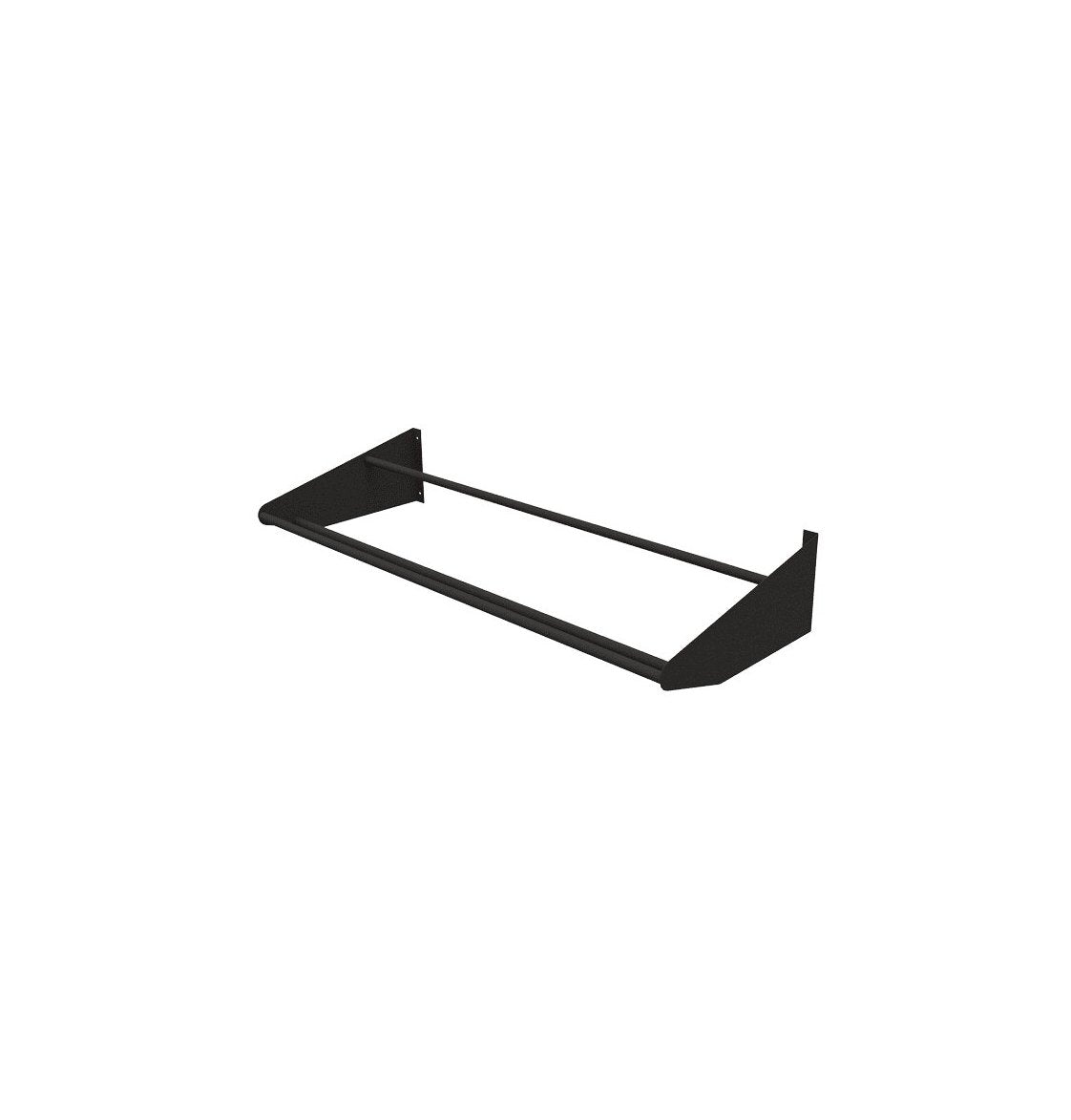Black label-out bottle display tray with side rails and upright corner posts