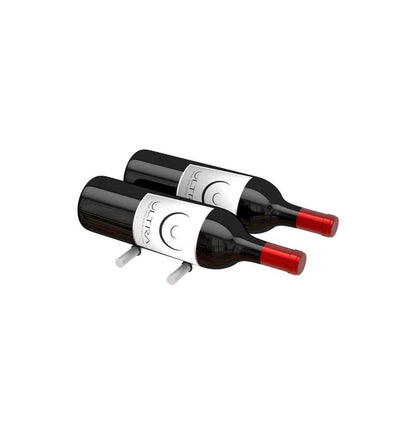 Two-bottle wine peg holder with two dark bottles and label rings