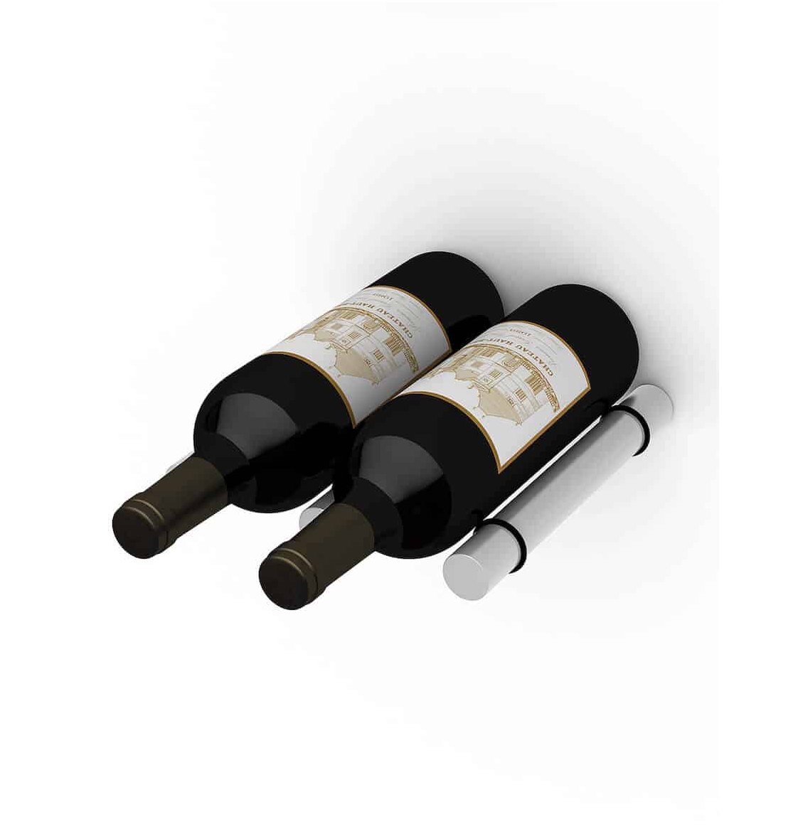 Wine peg with two upright dark bottles on black bases, with silver mounting posts