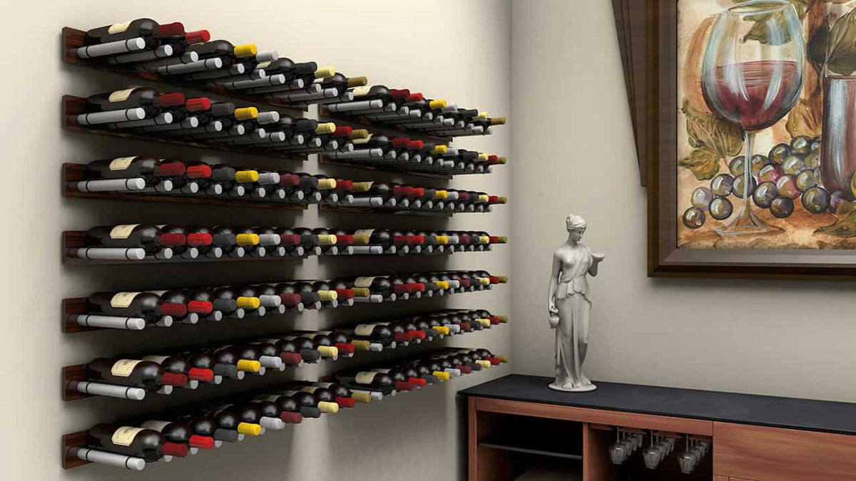 Wall-mounted wine bottle peg display with multiple bottles arranged in rows
