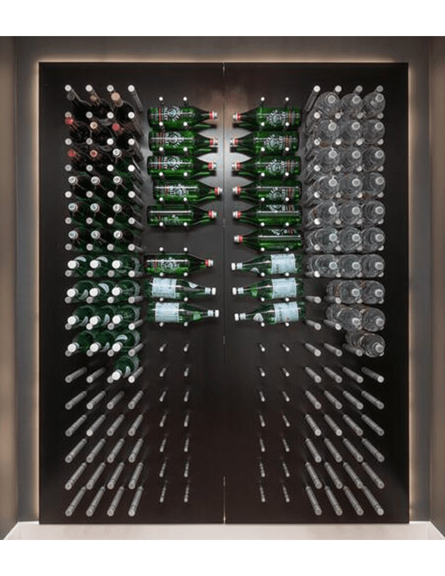 LED wine bottle peg wall with many bottles arranged in grid rows