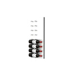 Wine bottle display wall with black pegs on white acrylic, bottles angled label-out
