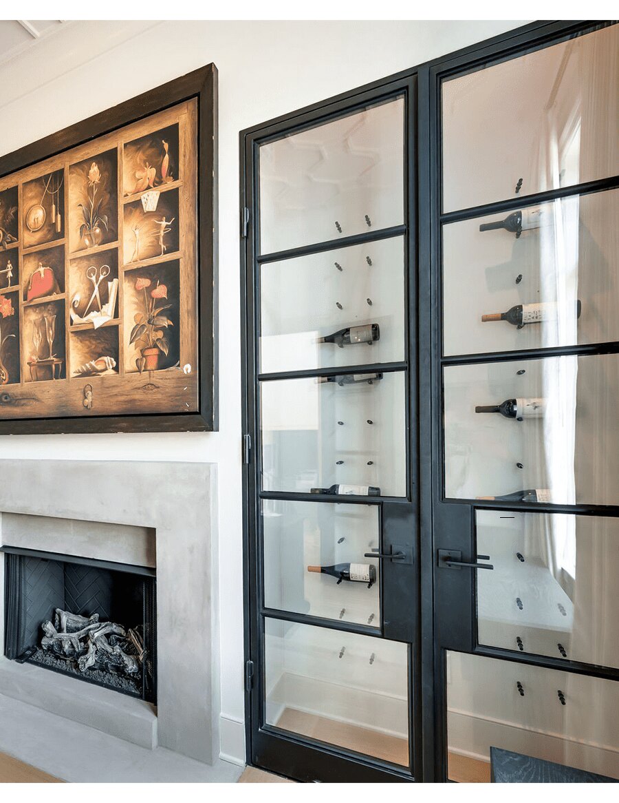 Wine bottle wall unit with clear panels and metal peg bars for bottle storage