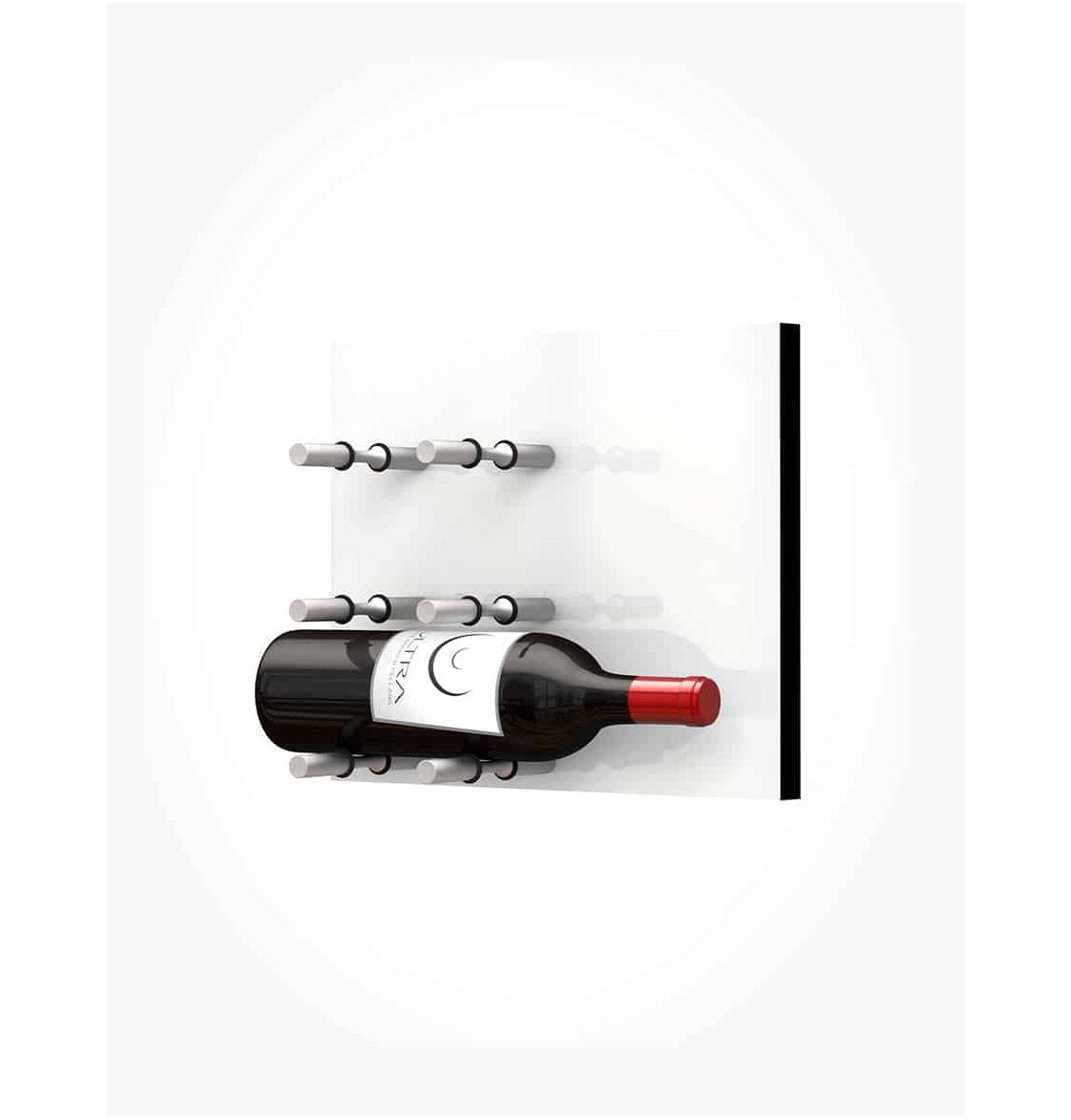 White acrylic wine bottle wall rack with light-colored peg rails holding one to two red wine bottles.