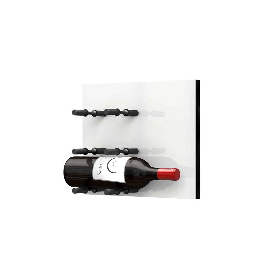 Wine bottle display wall with matte black pegs on white acrylic, bottles mounted