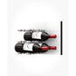 White acrylic wine bottle wall rack with light-colored peg rails holding two red wine bottles.