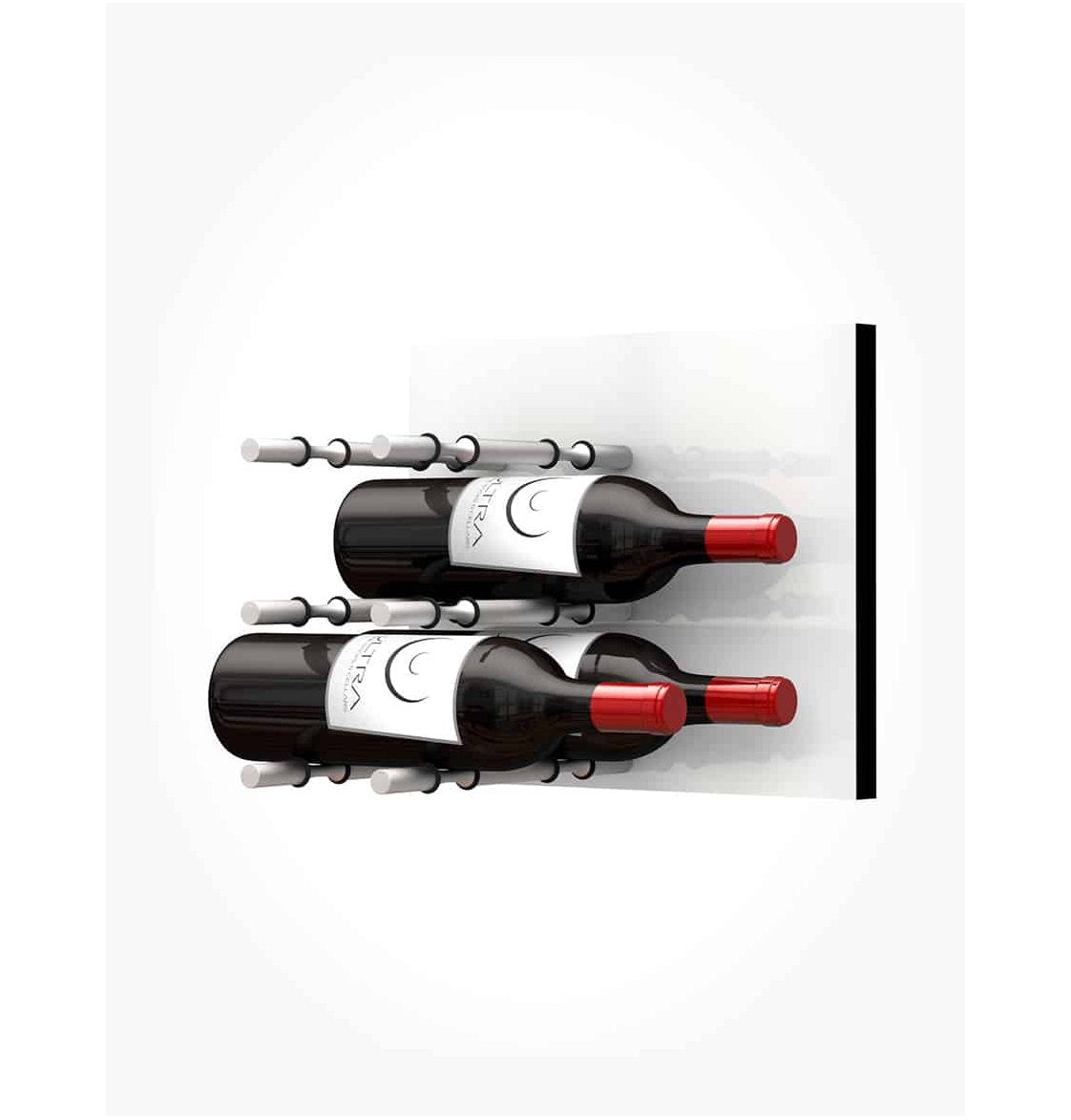 White acrylic wine bottle wall rack with light-colored peg rails holding two red wine bottles.