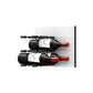 White acrylic wine bottle wall rack with peg rails holding two red wine bottles.