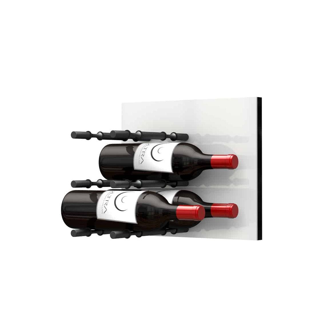 White acrylic wine bottle wall rack with peg rails holding two red wine bottles.