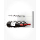 Wine bottle display wall with brushed aluminum pegs on white acrylic, bottles mounted