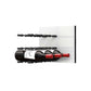 White acrylic wine bottle wall rack with black peg rails holding two red wine bottles.