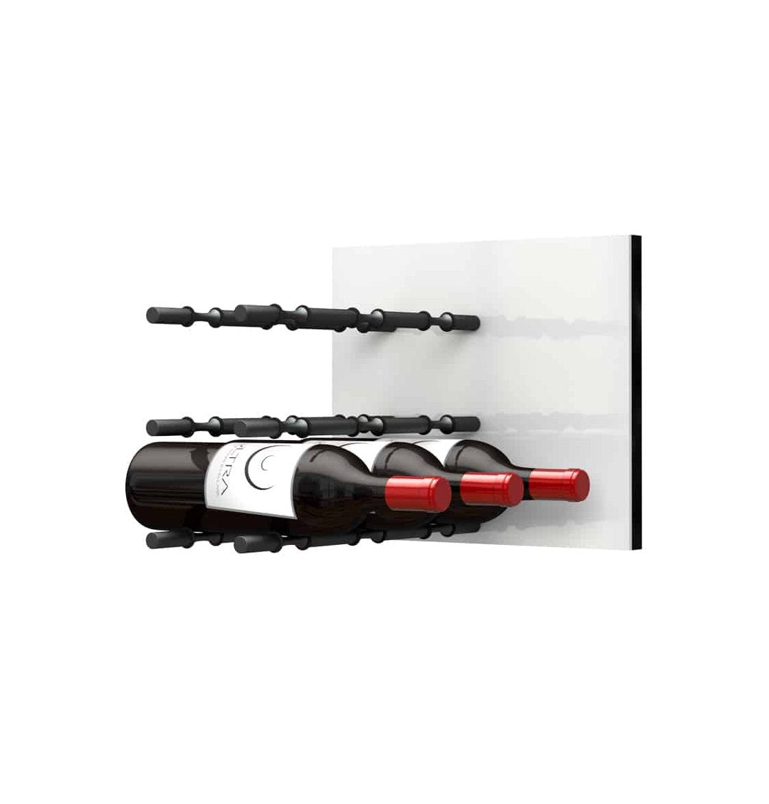 White acrylic wine bottle wall rack with black peg rails holding two red wine bottles.