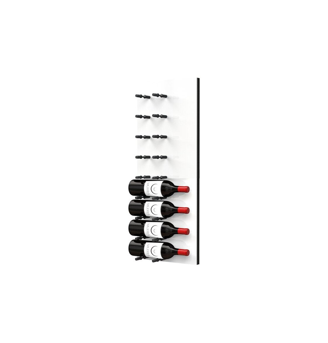 Wine bottle display wall with black pegs on white acrylic, bottles label-out