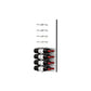 Wine bottle display wall with black pegs on white acrylic, multiple bottles mounted
