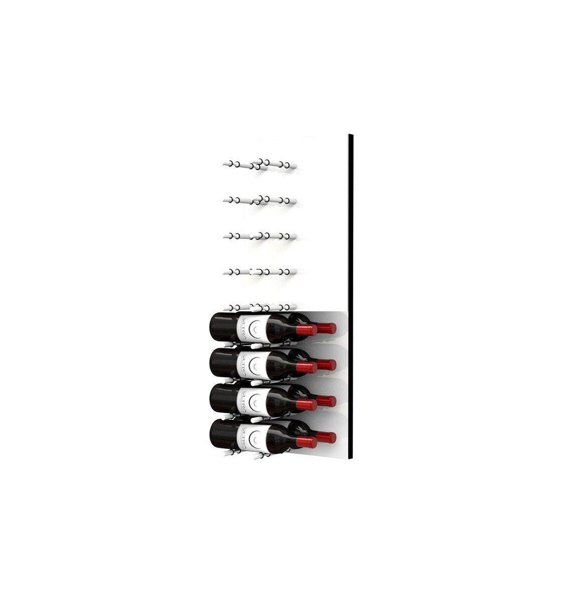 Wine bottle display wall with black pegs on white acrylic, multiple bottles mounted