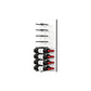 White acrylic wine bottle wall rack with black peg rails holding several red wine bottles.