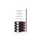 White acrylic wine bottle wall rack with black peg rails holding stacked red wine bottles.