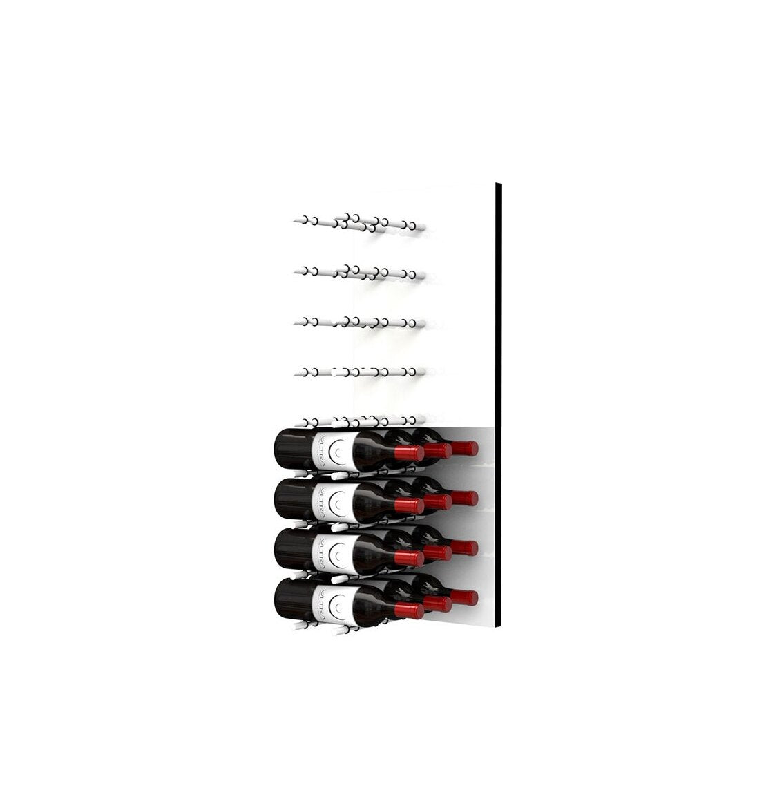 White acrylic wine bottle wall rack with black peg rails holding stacked red wine bottles.