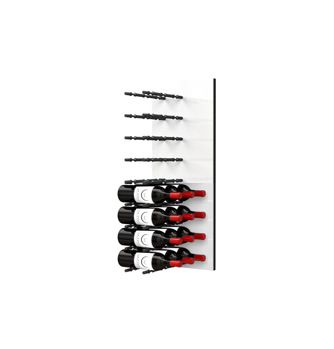 White acrylic wine bottle wall rack with black peg rails holding several red wine bottles.
