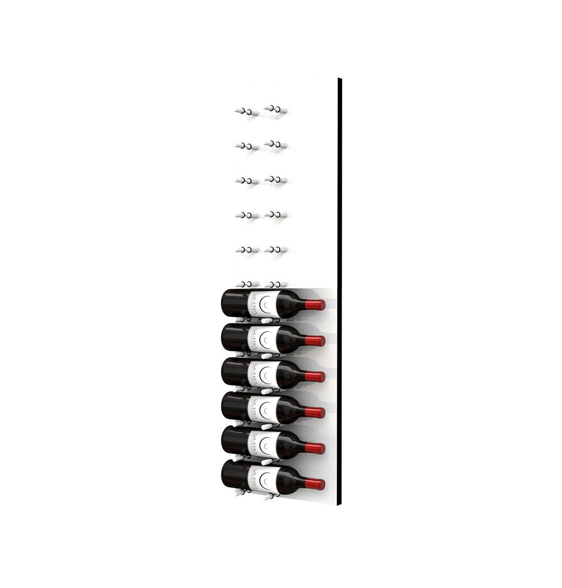 Wine bottle display wall with black pegs on white acrylic, bottles in vertical rows
