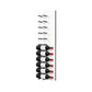 White acrylic wine bottle wall rack with black peg rails holding multiple red wine bottles.