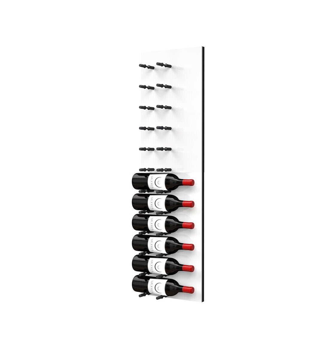 White acrylic wine bottle wall rack with black peg rails holding multiple red wine bottles.