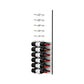 Wine bottle display wall with black pegs on white acrylic, labels facing forward