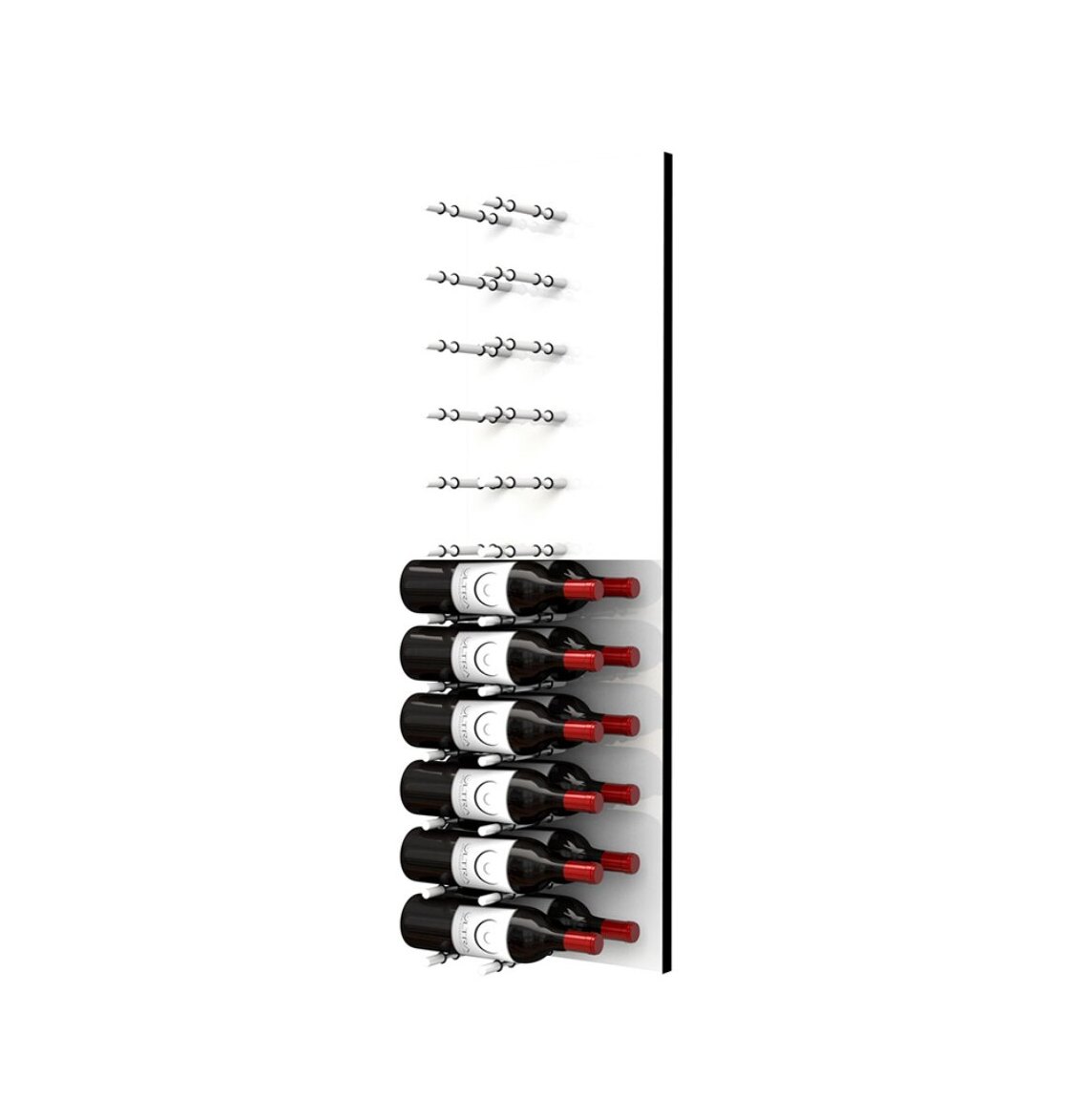 Wine bottle display wall with black pegs on white acrylic, labels facing forward