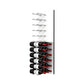 Wine bottle display wall with black pegs on white acrylic, multiple bottles mounted