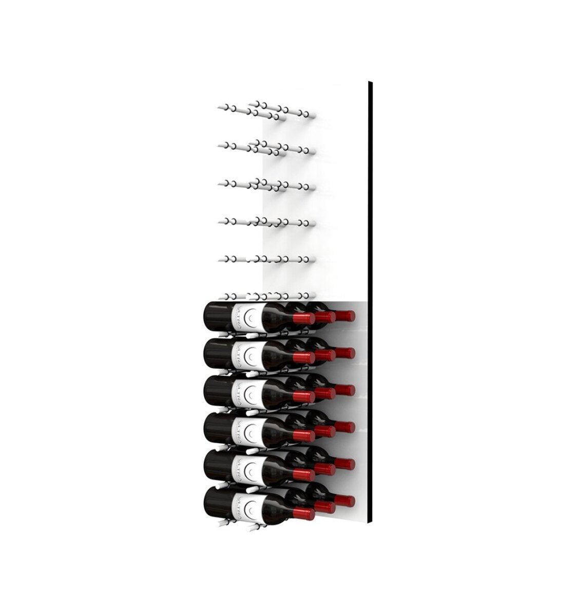 Wine bottle display wall with black pegs on white acrylic, multiple bottles mounted