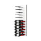 White acrylic wine bottle wall rack with black peg rails holding multiple red wine bottles.