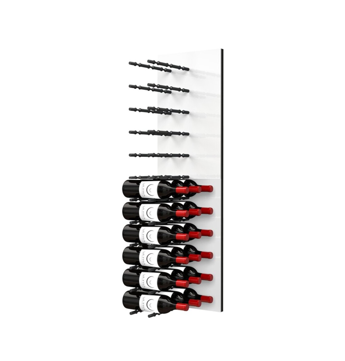 White acrylic wine bottle wall rack with black peg rails holding multiple red wine bottles.