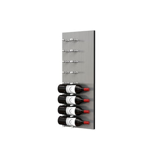 Wine bottle display wall with brushed aluminum pegs holding four red wine bottles