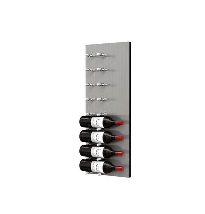 Wine bottle display wall with brushed aluminum pegs holding four red wine bottles