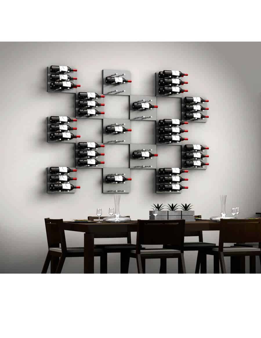 Wine bottle display wall with multiple peg rows holding bottles