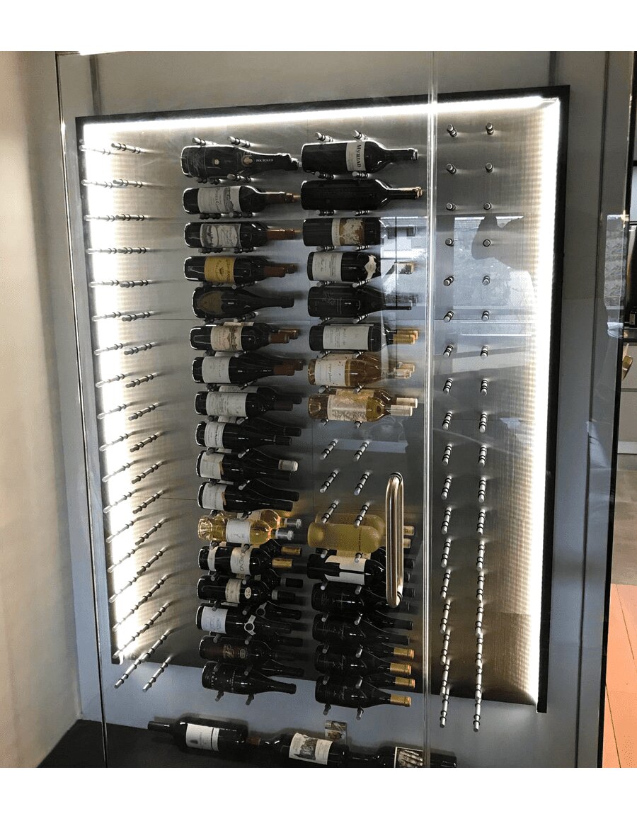 Aluminum wine bottle display panel with rows of bottles and metal holding pegs