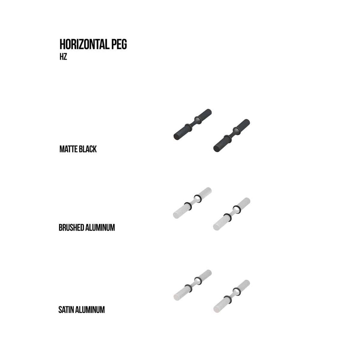 Wine rack horizontal peg finish options chart: matte black, brushed aluminum, satin aluminum