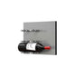 Wine bottle display wall with brushed aluminum pegs and two label-out red wine bottles