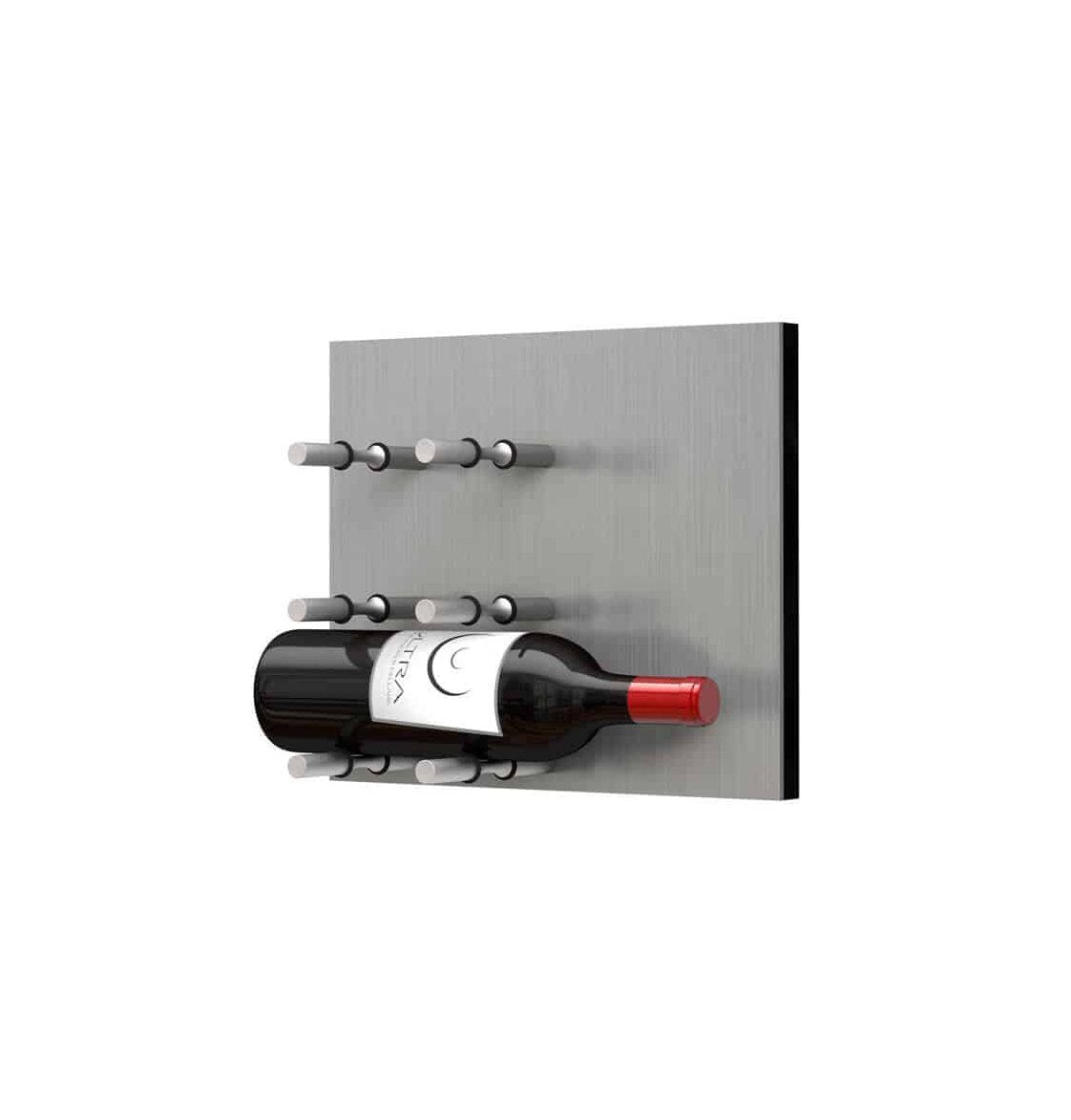Wine bottle display wall with brushed aluminum pegs and two label-out red wine bottles