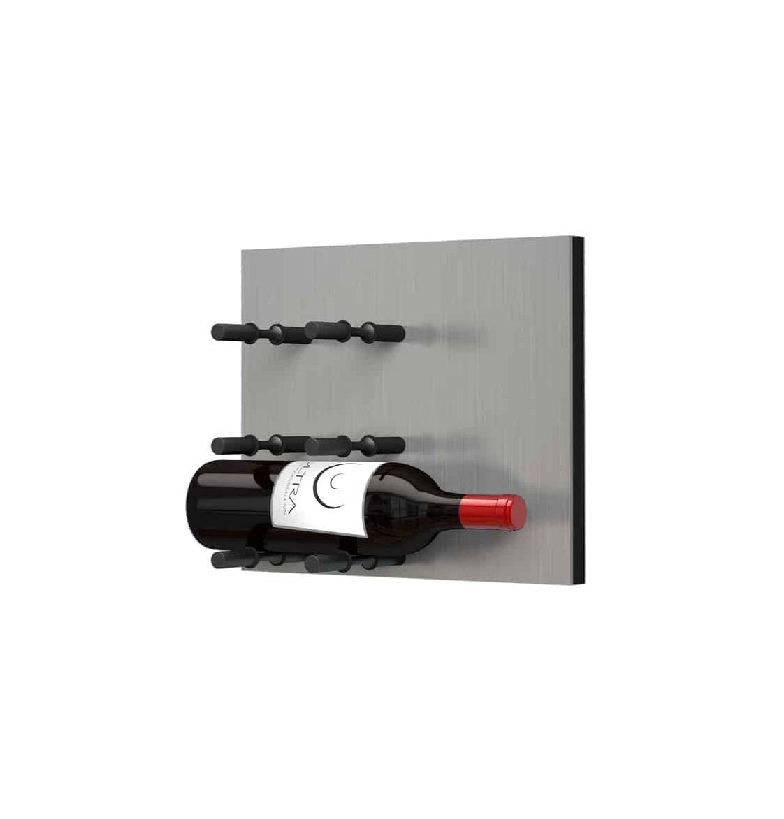 Wine bottle display wall with matte black pegs and two label-out red wine bottles
