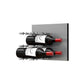 Wine bottle wall rack with silver pegs, displaying two dark wine bottles on metal panel